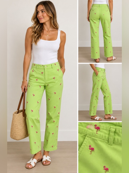 Ralph Lauren Denim - Ralph Lauren Lime Green Straight-Leg Jeans with Flamingo Embroidery